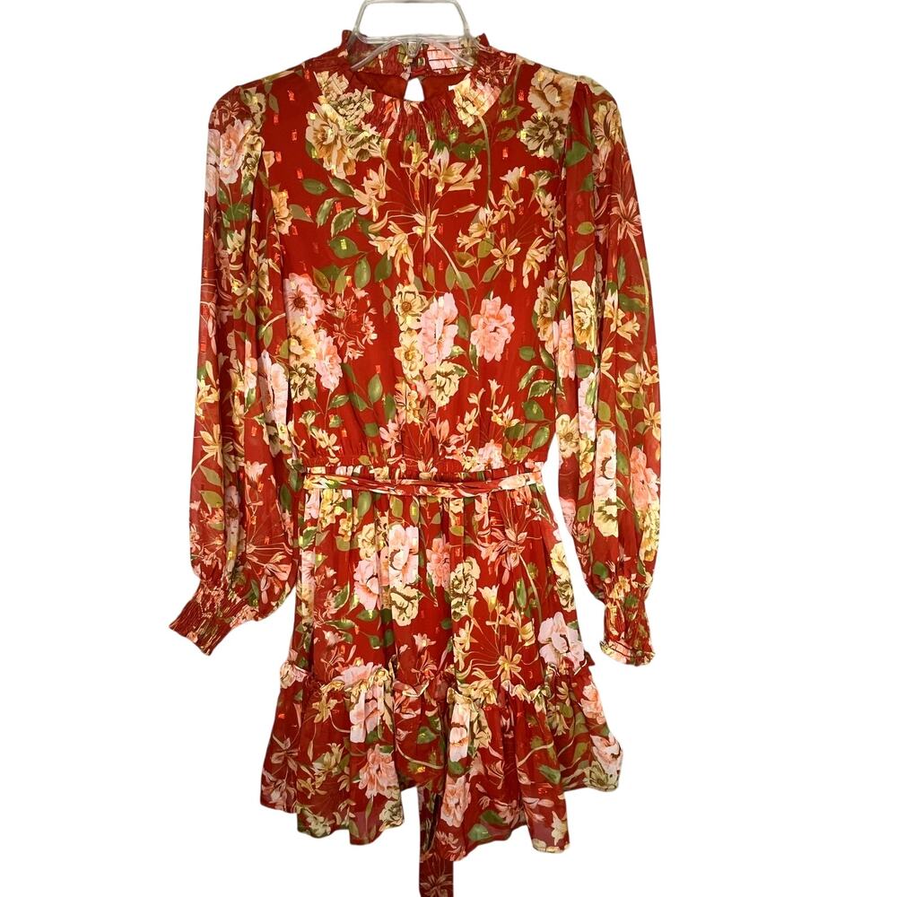 Flying Tomato rust orange metallic floral belted dress, size S, EUC
